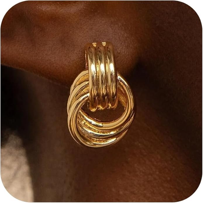 Gold Earrings for women Trendy - 14K Gold Plated Chunky Drop Dangle Knots Statement Earrings Hypoallergenic Lightweight Gold Jewelry Gifts