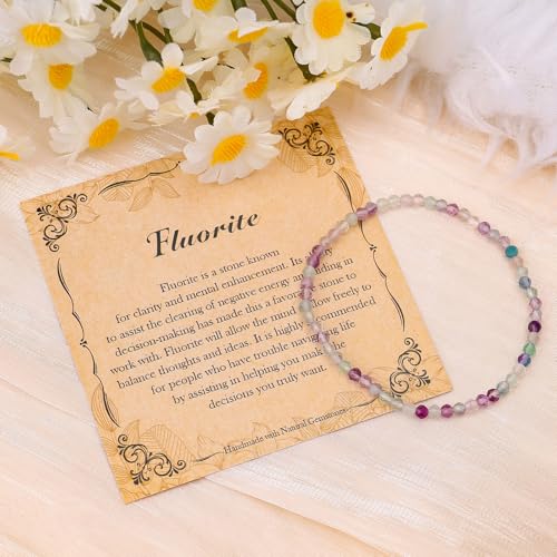 BONNY BOXX Natural Genuine Gemstone Faceted Round Beads Bracelets, 3mm Adjustable Stretchy Tiny Faceted Black Tourmaline Bracelet, Healing Crystal Reiki Chakra Dainty Jewelry Fashion Gifts - color: Fluorite