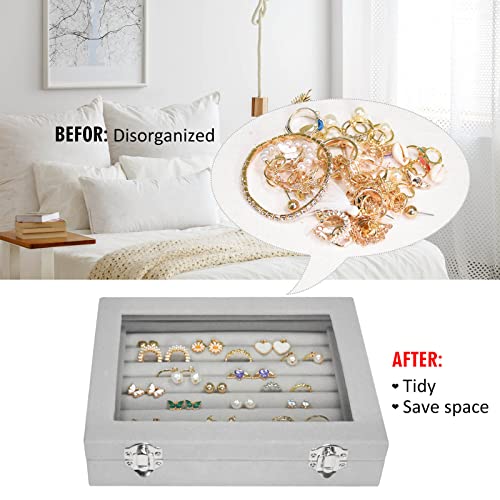 Vicoter Rings Organizer Tray 7 Slots Velvet Jewelry Earring Storage Box with Transparent lid Jewelry Display Case for Girls Wife Mom Women (Grey) - color: Grey
