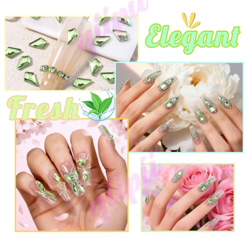 qiipii 3180Pcs Light Green Nail Rhinestones Multi Shapes Crystal Grass Green Flatback K9 Glass Rhinestones Gems Round Beads Stones Diamonds jewels w Wax Pen for Nails Face Eye Makeup Clothes Shoes DIY - color: Light Green, size: A Set