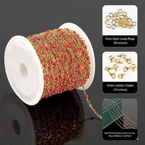 UMAOKANG 10 Meters Gold Plated Chains for Jewelry Making Red Enamel Bead Stainless Steel Chain for Women Necklace DIY Craft - color: Gold-Red Enamel