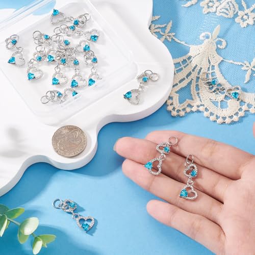 FASHEWELRY 15Pcs Alloy Crystal Rhinestone Heart Charms, Blue Love Heart Glass Dangle Charms Platinum Hollow Pendants for DIY Valentine's Day Necklace Earring Jewelry Making Craft - color: Heart-Blue