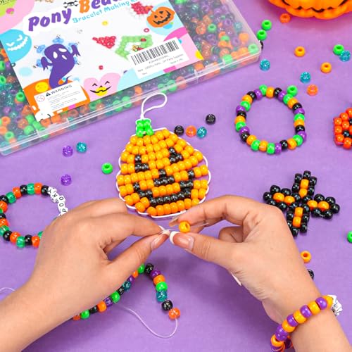 1000Pcs Halloween Pony Beads Bulk – 6x9mm Kandi Beads in Orange, Black, Purple, Green for Bracelets, Hair Braids, Jewelry Making, DIY Crafts, Party Supplies - color: Halloween Edition