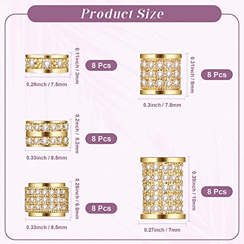 Yinkin 40 Pieces Zircon Rhinestone Beads Tube Column Pave Bead Charms Cubic Zirconia Big Hole Spacer Jewelry Bracelet Connector Crystal for DIY(Gold)