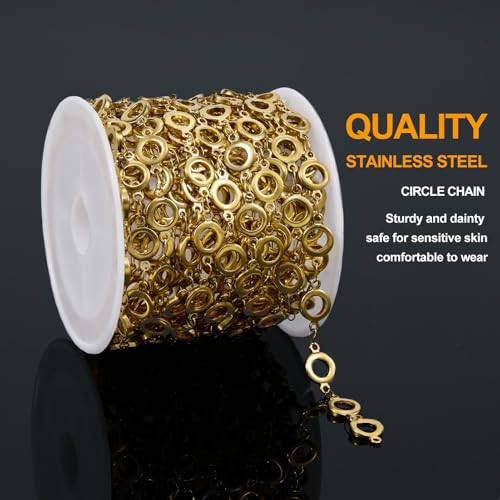 KYUNHOO 13FT/4M Hollow Circle Chains for Jewelry Making Gold Plated Stainless Steel Jewelry Chain Roll with Clasps for Bracelet Necklace DIY - color: Circle Gold
