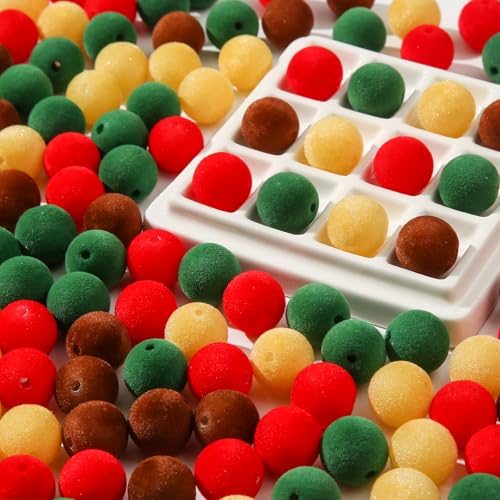 16mm Acrylic Beads 100pcs Christmas Pom Pom Bead Loose Fuzzy Faux Fur Poms Beads for DIY Crafting Necklace Bracelet Jewelry Making Keychain (mrsd) - color: red&yellow&green