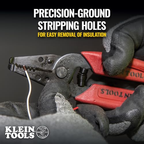 Klein Tools 11046 Wire Stripper, Wire Cutter, Made in USA, Stripping/Cutting Tool for 16-26 AWG Stranded, Compact Nose with Precision-ground Stripping Holes