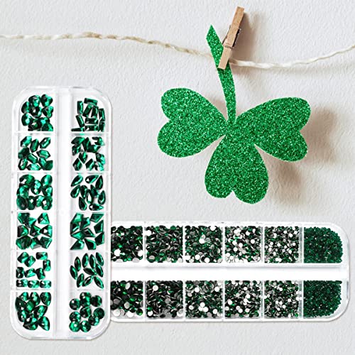 qiipii 4080Pcs Emerald Green Nail Rhinestones K9 Glass Crystal Flat Back Rhinestones Nail Charms Stones Multi Shapes Big Gems Round Beads Nail Art Diamonds jewels for Nails Face Eyes Makeup Crafts DIY - color: Emerald Green, size: A Set