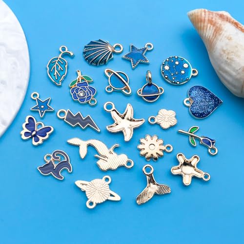 Youdiyla 60pcs Alloy Enamel Deep Blue Series Flower Butterfly Leaf Star Set Pendant Jewelry Making DIY Keychain Earrings Pendant Various Design Charms for Jewelry Making Bracelets Necklace (SN995) - color: SN995
