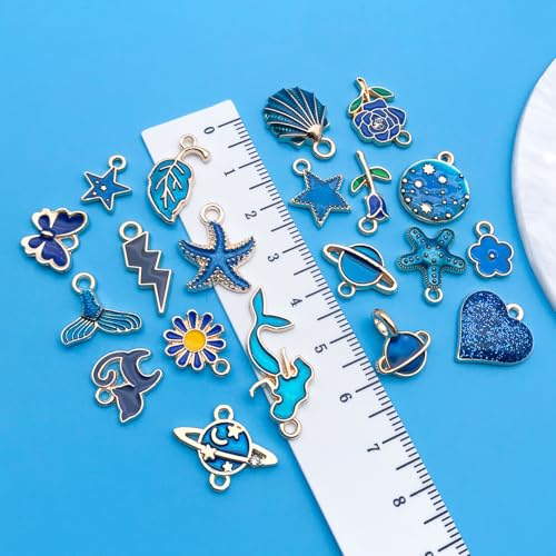 Youdiyla 60pcs Alloy Enamel Deep Blue Series Flower Butterfly Leaf Star Set Pendant Jewelry Making DIY Keychain Earrings Pendant Various Design Charms for Jewelry Making Bracelets Necklace (SN995) - color: SN995