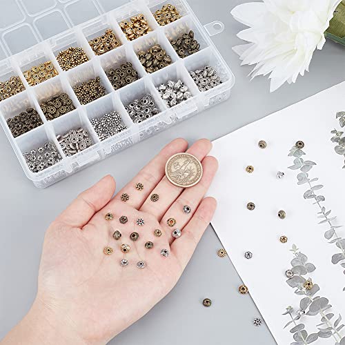 PH PandaHall 900pcs Metal Spacer Beads, 6 Style Tibetan Gear Bicone Flower Beads Alloy Jewelry Loose Beads for Bracelet Necklace Earring Jewelry Making(Antique Silver, Antique Bronze and Golden)