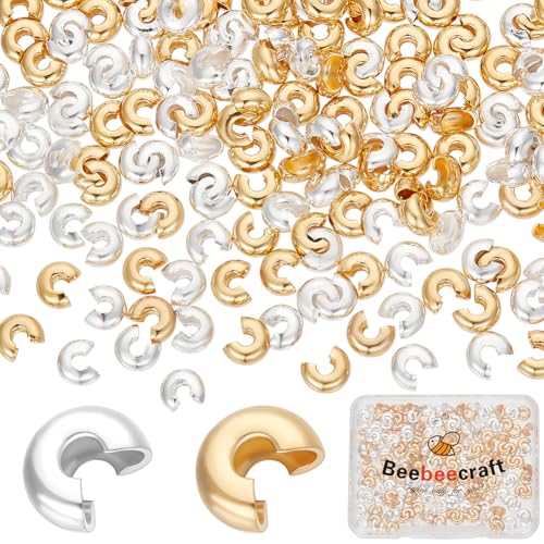 Beebeecraft 1 Box 200Pcs Small Crimp Bead Covers 18K Gold&925 Sterling Silver Plated 5x5mm Open Half Round Crimping Knot Cover Spacer Beads End Tips for Jewelry Making Beading DIY Crafts Bracelets - color: Gold and Silver, size: 4mm