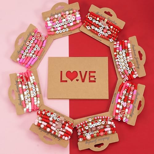6PCS Valentine’s Day Clay Heishi Bracelet Set for Women- Red Pink Heart Love KISS XOXO Beaded Stretch Bracelets - Handmade Polymer Clay Crystal Glass Stackable Jewelry Gift for Galentine's Anniversary - color: LOVE-06