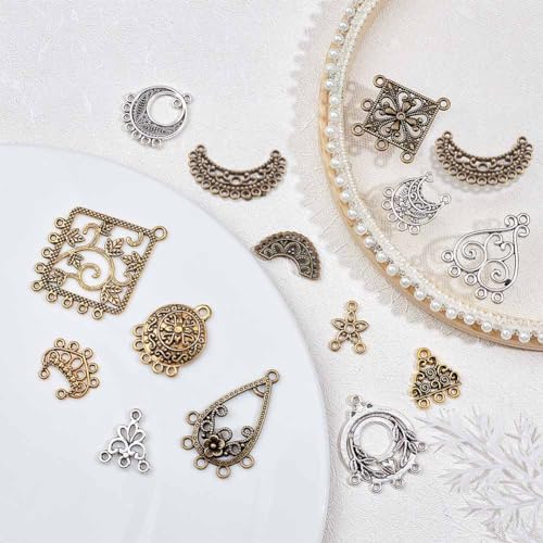 SUNNYCLUE 1 Box 60Pcs 15 Style Tibetan Chandelier Charms Alloy Chandelier Components Links Filigree Flower Linking Charms Teardrop Connector Round Charm for Jewelry Making Charms DIY Supplies Adult - color: 60pcs 15 Style Mixed Color