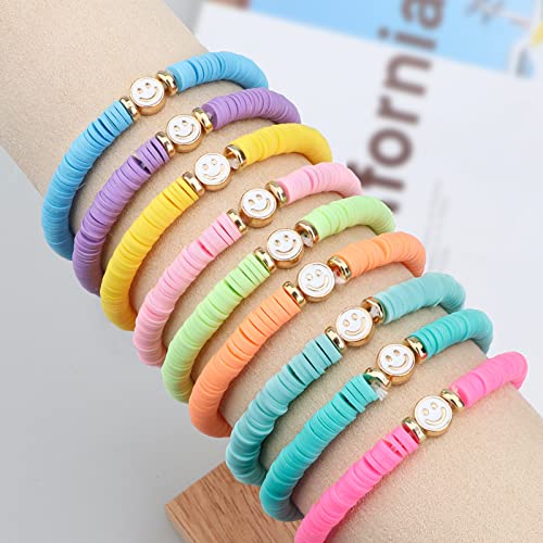 JIASHUYEYE Preppy Bracelets for Teen Girls - Stackable Boho Surfer Friendship Bracelets Set for Little Girls & Women - style: 9Pcs - Smiley Face A