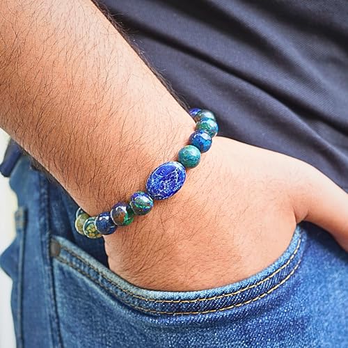 Black Obisidian Bracelets for Men 8" Inch Full Stretch Healing Crystal Bracelet, Beaded Charm Bracelet for Men Gifts Fathers Day Anniversary Birthday Gifts for Him - color: Malachite Azurite & Lapis Lazuli Bracelets