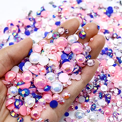 60g Mix Rhinestones and Pearls, 2mm-10mm Flatback Jelly Rhinestones and Half Pearls for Crafts Tumblers Shoes Nails Face Art, with Picker Pen, Blue|White|Pink - color: Ice Princess Blend | Mix Blue | White | Pink