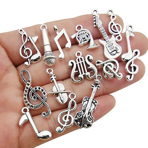 Youdiyla 70pcs Musical Symbol Charms Collection, BULK Music Notes Elements Guitar Violin Microphon Tape Horn Charms Metal Pendant Craft Supplies Findings for Jewelry Making-Silver HM211 - color: Silver Music Charms-70pcs