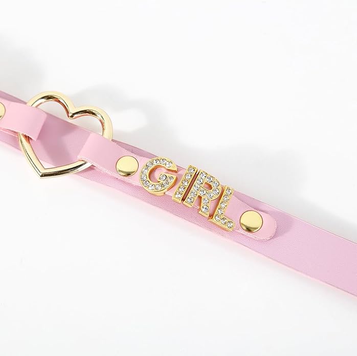 Succuba Handmade Heart Ring Rhinestone Letter Pu Leather Choker Collar Necklace for Women and Men