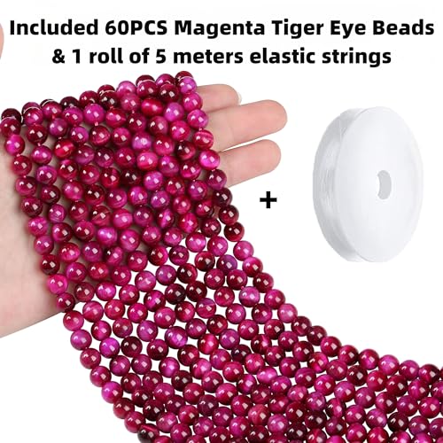 QINJIEJIE 60PCS Magenta Tiger Eye Beads 8mm Stone Beads Round Loose Gemstone Bead for Bracelet Beading Crystal Jewelry Making DIY Necklace Earrings 0.32" - color: Magenta Tiger's Eye, size: 60PCS