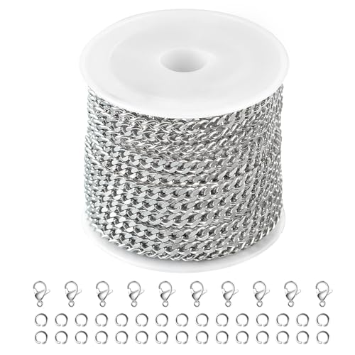 Kyutong Twist Curb Link Chain Bulk Silver Jewelry Making Chain Supplies 16.4 Feet Stainless Steel Chain Roll Making Craft DIY Bracelet Ankle with Lobster Clasps and Jump Rings - color: Silver Curb