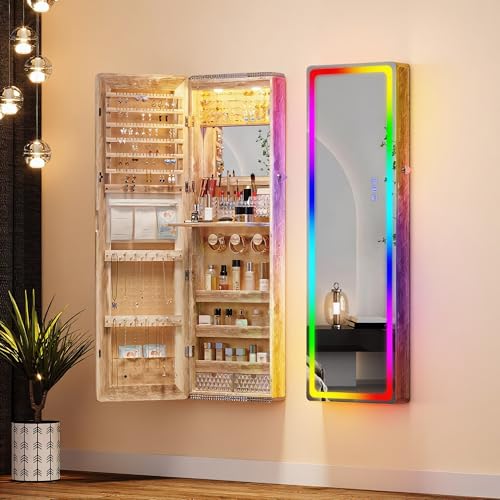 Lvifur LED Mirror Jewelry Cabinet - with RGB lights,Lockable Wall/Door Mounted Full Length Mirror with Storage,Hanging Jewelry Organizer-2 Drawers,Foldable Shelf,Built-in Lighted Mirror(Wood) - color: White-RGB-22