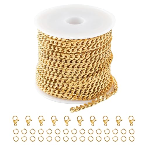 Kyutong 16.4 Feet Gold Plated Craft Chains for Jewelry Making Stainless Steel Curb Chain Roll for Women Men Necklace Bracelet DIY Supplies Findings - color: Gold Curb