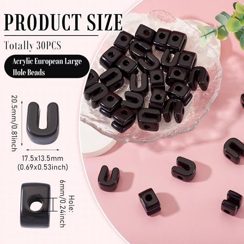 30Pcs Acrylic Letter Beads with Large Hole Letter U Chunky Vowel Bead with Horizontal Hole Black Plastic 3D Initial Alphabet European Beads for Key Chains Necklace DIY Craft Arts Projects - color: Black U