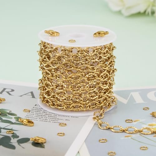 KYUNHOO 9.8 Feet Gold Plated Jewelry Making Chains Bulk on Spool Embossed Stainless Steel Chain for Crafts DIY Charm Necklace Bracelet Jewelry Supplies with Lobster Claws - color: Sunflower Gold