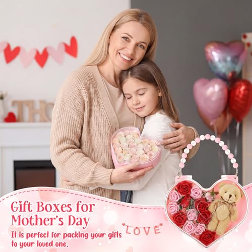 Youyole 6 Pcs Mother's Day Small Heart Box Containers with Handle Reusable Plastic Gift Bag Portable Jewelry Organizer for Flower Gifts Candy Snack Food Party Favor(Pink)