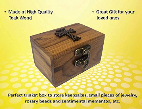 RK Collections Cross Rosary Box Made of Teak Wood | First Communion Jewelry Box | Trinket Box for Rosary Beads, Keepsakes, Small Jewelry and Mememtos - size: 3.75" x 3" x 2"