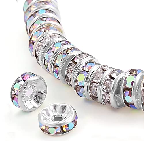 200Pcs 6mm Rondelle Spacer Beads Silver Plated AB Color Crystal Rhinestone for Jewelry Making Loose Beads for Bracelets - color: AB Color, size: 6mm