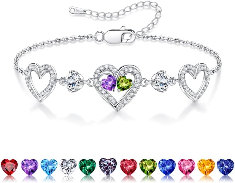 Iefil Valentines Day Gifts for Her - 925 Sterling Silver Heart Birthstone Bracelet Birthday Anniversary Jewelry Gifts for Her Wife
