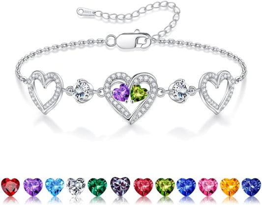 Iefil Valentines Day Gifts for Her - 925 Sterling Silver Heart Birthstone Bracelet Birthday Anniversary Jewelry Gifts for Her Wife