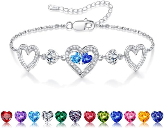 Iefil Valentines Day Gifts for Her - 925 Sterling Silver Heart Birthstone Bracelet Birthday Anniversary Jewelry Gifts for Her Wife