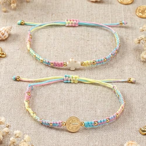 Christian Cross Jesus Pendant Charm Gold Rope String Beaded Bracelets Stack Set for Women,Handmade Bohemian Colorful Adjustable Jewelry,God Lucky Protection Friendship Gift - color: Colorful