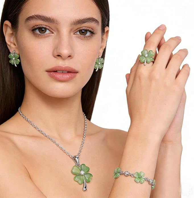 ONLYJUMP Four Leaf Clover Jewelry Set for Women Necklace Bracelet Earrings Ring Set Elegant Lucky Clover Design Cat Eye Stone Perfect Holiday Gift for St. Patrick's Day Valentine's Day Birthdays Daily Wear