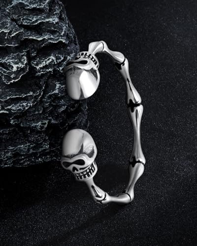 Stainless Steel Cuff Bracelet,Retro Gothic Punk Biker Cool Open Adjustable Cuff Bangle Bracelets Jewelry for Men Silver - style: Skull Bone