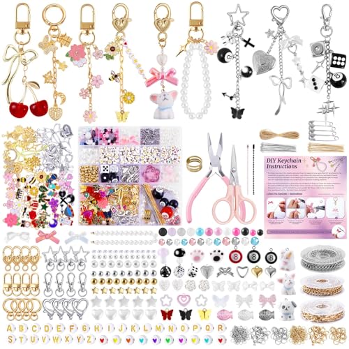 Wurosi 945 Pcs Bag Charm Kit, Charms Lip Gloss Keychain Making Kit, Beaded Keychain Making Kit, Y2K Keychains, 8 Ball Dice Charm Keychains, DIY Customizable Crafts Key Chains(Gold & Silver) - color: 945PCS Keychain Making Kit