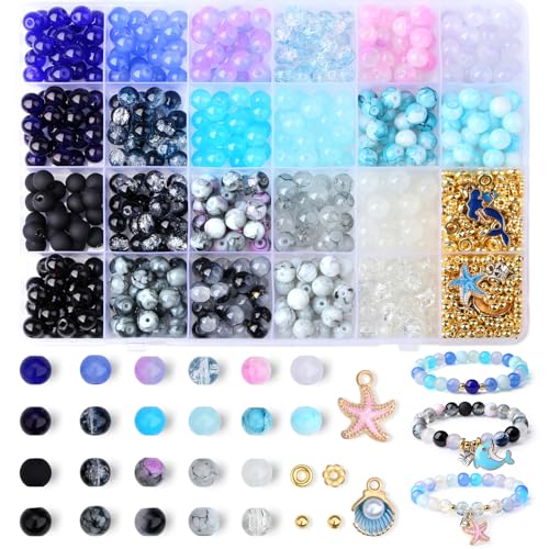 DUQGUHO 8mm Black Blue and White Beads for Bracelets Summer Beach Glass Beads for Jewelry Making 24 Grids Round Beads Bulk 520PCS - color: 12-Blue Black White