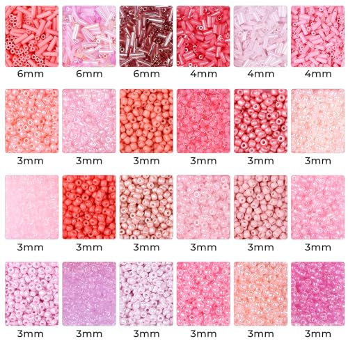 ZHIYUXI 7500Pcs Pink Glass Seed Beads Kit for Jewelry Making with Bugle Tube Bead 24 Colors Waist Embroidery Beads for DIY Bracelet Necklace Making Craft Beading Kit - color: E-Pink