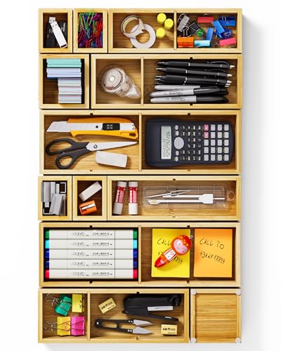 12-Piece Bamboo Desk Drawer Organizer Set – Adjustable Storage Boxes with 24 Compartments, Non-Slip, Modular Design for Office, Jewelry, Vanity, and Kitchen Utensil Drawer Storage - size: 24 Compartments