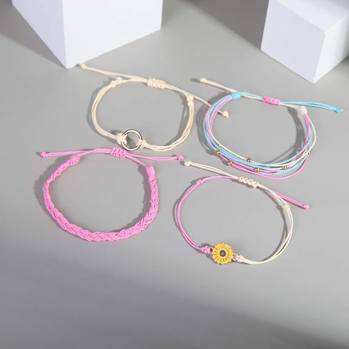 FANCY SHINY Sunflower String Bracelet Boho Braided Rope Wrap Bracelets Cute Summer Beach Surfer Jewelry for Women