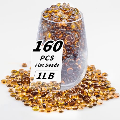 1 LB Amber Flat Glass Beads, 160-180PCS Small Glass Marbles, Mini Flat Round Pebbles for Vase Filler and Floral, Fish Tank Rocks Decorative Gemstones for Home and Aquarium Décor - color: Amber