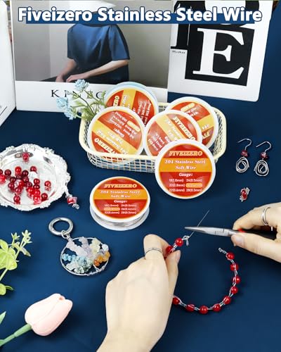 FIVEIZERO Stainless Steel Wire for Jewelry Making,Include 18/20/22/24/26/28 Gauge 304 Stainless Steel Beading Wire Thin Metal Craft Wire for Necklace,Bead Stringing,Jewelry,Mother's Day and Crafts - size: mix Gauge
