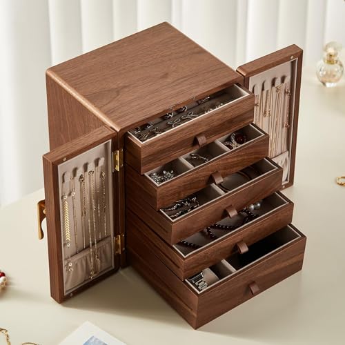 CHOSIN Black Walnut Wooden Jewelry Box 5 Layer Large Wood Jewelry Organizer Brass Handle for Necklaces Rings Earrings Watches Storage Monther Mothers Day Gifts for Mom (7.9x8.7x10.0inches) - style: Ginkgo Leaf - Shaped Handle