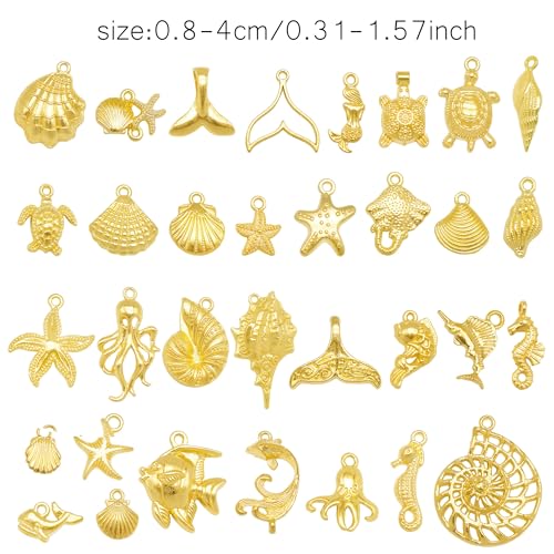 Julie Wang 90PCS Alloy Ocean Pendants Antique Silver Gold Tone Mermaid Tail Seahorses Shell Starfish Mixed Sea Charms for Necklace, Bracelet Summer Beach Jewelry Nautical Themed Craft Supplies - color: Gold Tone