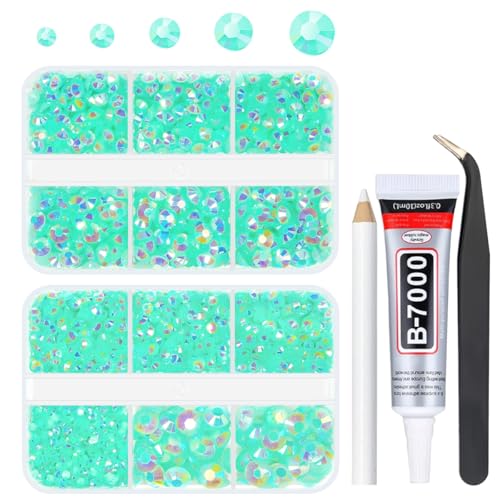 qiipii Aquamarine Green AB Resin Rhinestones w B7000 Glue for Bedazzling Crafting 2mm-6mm Flatback Jelly Stones Diamonds Gems for Face Eyes Makeup Tumblers Bottles DIY Crafts Clothes Shoes Phones Book - color: Aqua Green Ab