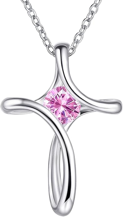 Cross Necklace for Women, 925 Sterling Silver Birthstone Necklace for Women with Diamond Sideways Cross Necklaces Birthstone Jewelry Birthday Gifts for Womens
