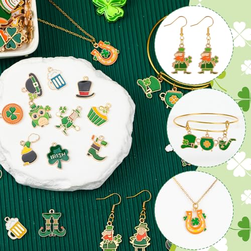 MARFOREVER 120 PCS St. Patrick's Day Charms, Green Shamrock Charms for Jewelry Making, Assorted Gold Enamel Irish Hat Coins Beer Gnome Charm Pendants for Bracelet Necklace Earrings Making Supplies - style: St Patricks Day